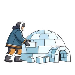 Eskimo Man Building Igloo with Ice Blocks in Arctic Environment.
