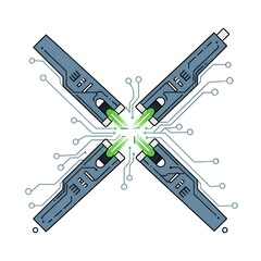 Four Futuristic Connectors Forming an X Shape with Glowing Green Energy and Circuitry.