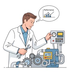 Engineer in Lab Coat Adjusting Machinery for Performance Improvement.