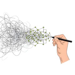 Hand drawing a complex network from a tangled mess, symbolizing problem-solving and organization.