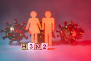 Wooden figures of a man and woman holding hands, with virus models and letter blocks spelling H3N2, illustrating health awareness and pandemic themes in a colorful setting