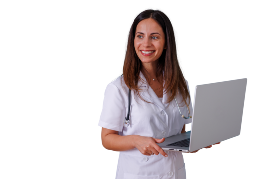 Female doctor smiling and holding a laptop, representing digital healthcare and medical technology on a transparent background - Powered by Adobe