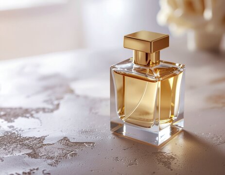 Elegant perfume label design, minimal layout, gold foil accents, luxury beauty branding aesthetic, high resolution.