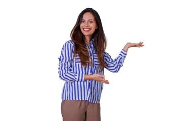 Happy woman presenting or showing a product or idea with open hands, smiling, looking at camera on transparent background