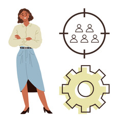 Businesswoman standing confidently with crossed arms, accompanied by target audience and gear icons. Ideal for management, strategy, leadership, marketing, teamwork, planning human resource. Simple