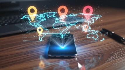 Global connectivity and navigation on smartphone with holographic world map and location pins - Powered by Adobe