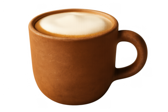 Cappuccino in a rustic clay mug with creamy foam showing a hot beverage for a morning drink, transparent background