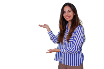 Young woman smiling, presenting concept with open hands, showing something off to the side, transparent background