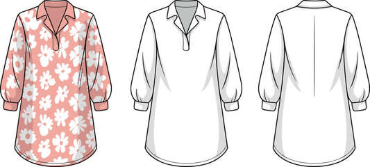 Floral tunic blouse fashion flat, technical garment sketch with cuffed sleeves and open V-neck collar, apparel sewing pattern vector illustration