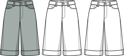 Casual cuffed Bermuda shorts fashion flat, technical garment sketch with pockets and waistband details, apparel design sewing pattern illustration
