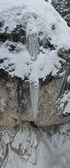 Wintery Snowscapes in Provo Canyon, Utah. Snowy tress, steep cliffs and rocky canyons. 