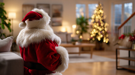 Obraz premium Faceless Santa figure seen from behind entering a warmly lit living room, soft-focus holiday lights and evergreen decor creating gentle seasonal mood, with copy space