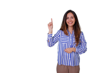 Woman in a striped shirt presenting an idea or information, pointing index finger up, offering a solution on transparent background