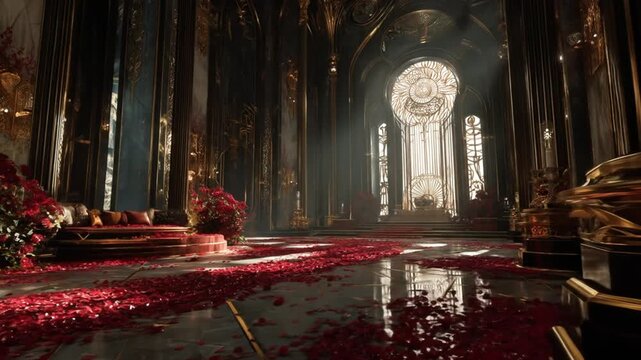 Opulent fantasy hall with vibrant red rose petals scattered across the floor, intricate gold decor, and dramatic lighting in a grand interior