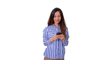 Woman smiling while typing on phone, using mobile technology for communication and social media, transparent background