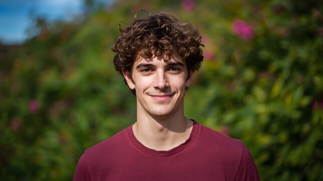 Smiling young man standing outdoors in soft natural sunlight, wearing a casual maroon shirt with fresh greenery and pink blossoms in the background, capturing relaxed youth, confidence, and a warm, ca