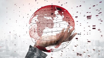 This image features a hand grasping a globe, symbolizing global connectivity with digital data patterns, perfect for illustrating concepts of technology and innovation. Xenic - Powered by Adobe