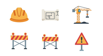 Construction icons: hard hat, blueprints, crane, road barricades, safety sign