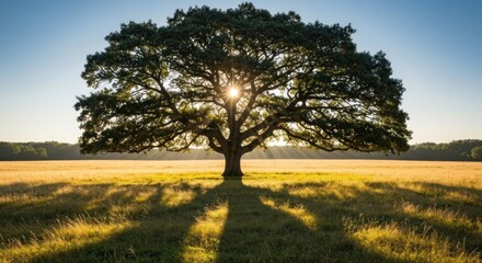 Fototapeta premium Majestic oak tree in a golden field, sunbeams shining through its canopy