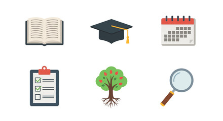 Educational icons set: book, cap, calendar, checklist, tree, magnifying glass