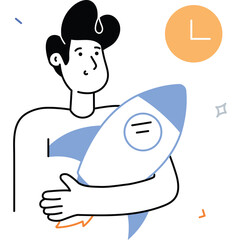 Illustration Of A Man Holding A Blue And White Rocket With A Clock In The Background On A Transparent Background