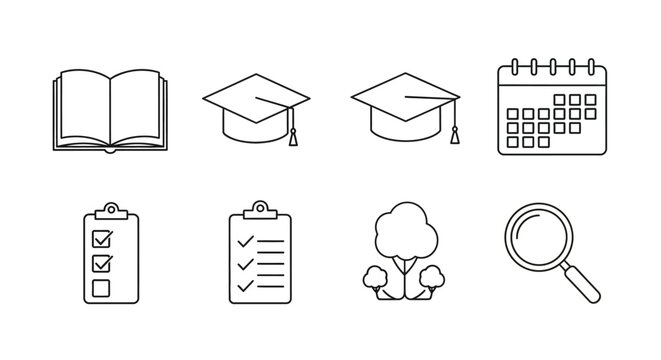 Education and planning icons in linear design: book, graduation cap, calendar, checklist, tree, magnifying glass