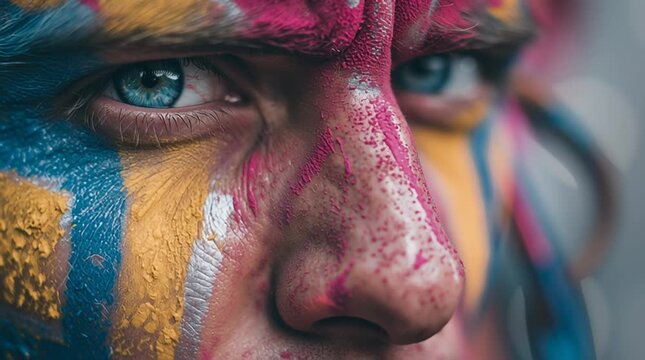 Extreme close up of mans face with bright blue and pink paint