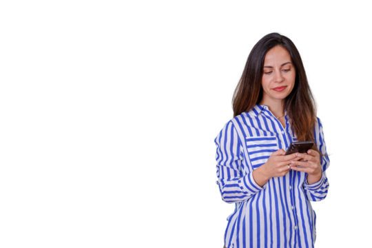 Young woman engrossed in mobile phone activity, browsing social media, texting message, and communicating online with transparent background