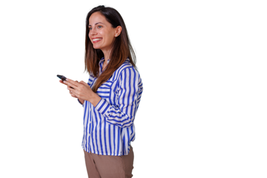Happy young woman messaging on cell phone, enjoying communication, social networking with transparent background