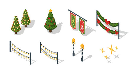 Festive isometric christmas decorations with garlands and banners