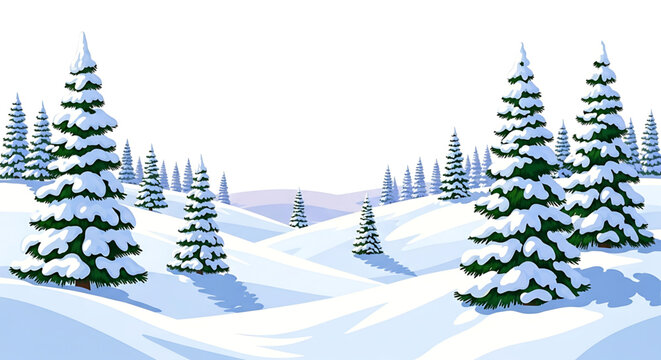 Snowy winter landscape with evergreen trees covered in deep snow. - Powered by Adobe