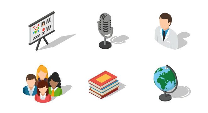 Isometric icons of education and communication: diverse set featuring globe, microphone, and presentation board