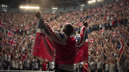 British sports fan celebrates victory with union jack flag raised