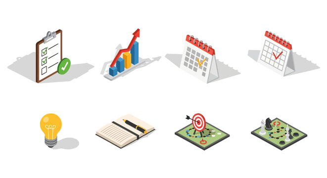Isometric business icons: growth, strategy, planning, success, innovation, and organization