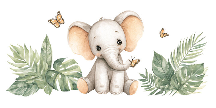 Adorable baby elephant watercolor illustration with tropical leaves and butterflies Cute animal art for nursery decor, baby shower invitation, or childrens book - Powered by Adobe