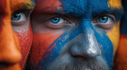 Two men with intense blue eyes and colorful face paint in closeup - Powered by Adobe