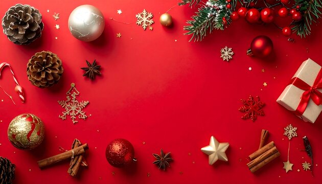 Festive Christmas decorations and natural elements arranged on a red background.
