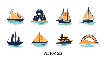 Nautical themed graphic set featuring boats and coastal elements in flat style