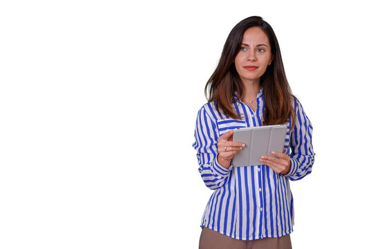 Woman working with digital tablet, standing, looking away, planning strategy and analyzing data, transparent background