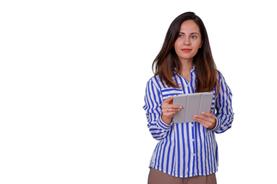 Woman working with digital tablet, standing, looking away, planning strategy and analyzing data, transparent background