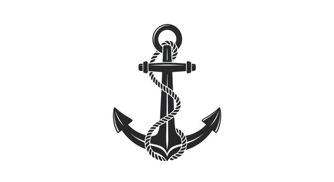 Nautical black anchor design with rope on white background