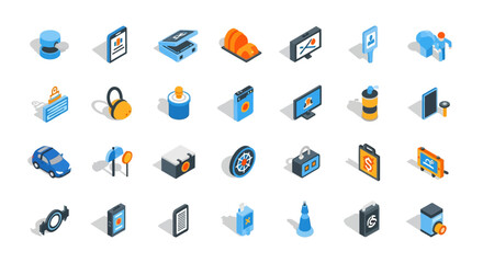 Isometric icon set featuring technology and digital tools in flat design