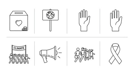Minimalist icons for social causes and activism: climate, equality, peace
