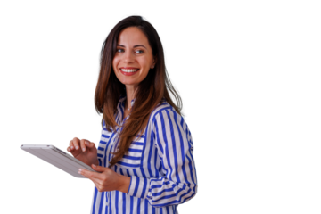 Smiling woman holding tablet actively working, interacting with digital technology, transparent background for easy use