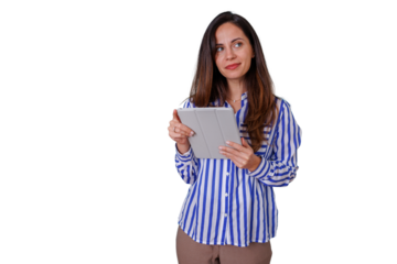 Woman holding a digital tablet in both hands, looking away thoughtfully while working. Transparent background