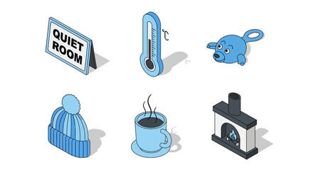 Cozy winter essentials in isometric style: quiet room, thermometer, toy, winter hat, hot drink, fireplace