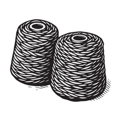 Black and white vector illustration depicting assorted sewing thread spools and yarn balls, representing concepts of tailoring, knitting, crafting, DIY, fashion design, and textile industry.