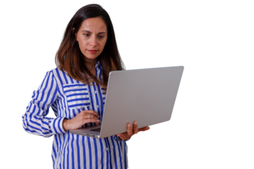 Woman standing focusing on laptop, working remotely, browsing internet, using technology, transparent background