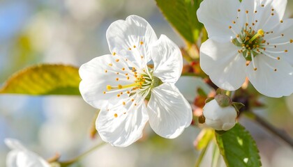 Delicate white cherry blossoms bloom on a bright spring day.