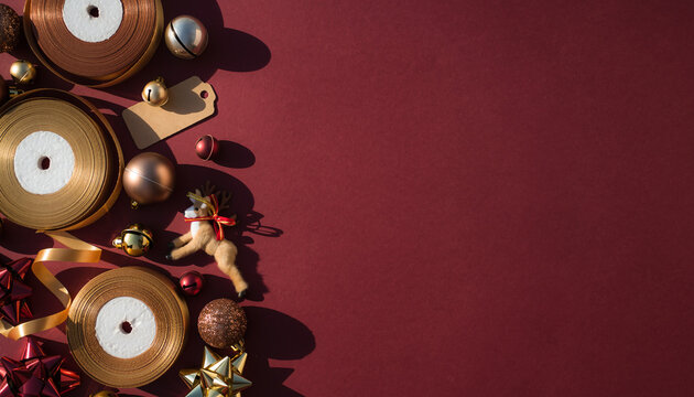 Elegant Christmas Layout with Gold Ribbons, Ornaments, and Reindeer, Perfect for Holiday Greetings and Festive Designs with Copy Space for Text or Product Placement - Powered by Adobe